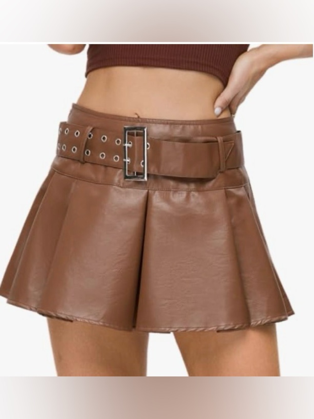 Mini Skirt Buckle Belted High Waisted Pleated Flare PU Faux Leather Skirts
